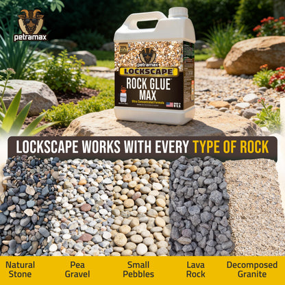 Petra Max Rock Glue for Landscaping, 1 Gallon - Wide Coverage & Pet Safe Mulch Glue for Rocks - Lockdown Gravel/Pebbles/Stones - Sticky Clear Gravel Binder & Decomposed Granite Stabilizer