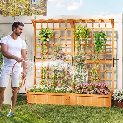 Giantex Large Raised Garden Bed with Trellis & Roof, 72" Wooden Garden Bed, High Trellis for Plant Flower Climbing Pot Hanging, Indoor & Outdoor Planter Box for Yard, Garden, Balcony
