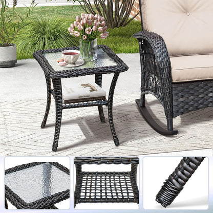 BABYLON Indoor Outdoor Coffee Table, All-Weather Wicker Tempered Glass Top Side Table, Indoor Outdoor Patio End Table with Storage Space, 20''x 20''x20''