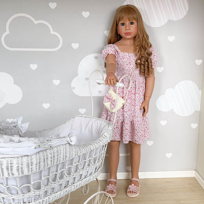 Pinky Reborn 47inch 120cm Reborn Toddler Doll,Huge Baby Full Body Hard Vinyl Smile Girls Real Child Realistic Newborn Toddler Dolls Girl Dress Model Brown Hair Girl Collectible Floral Dress (Pink)