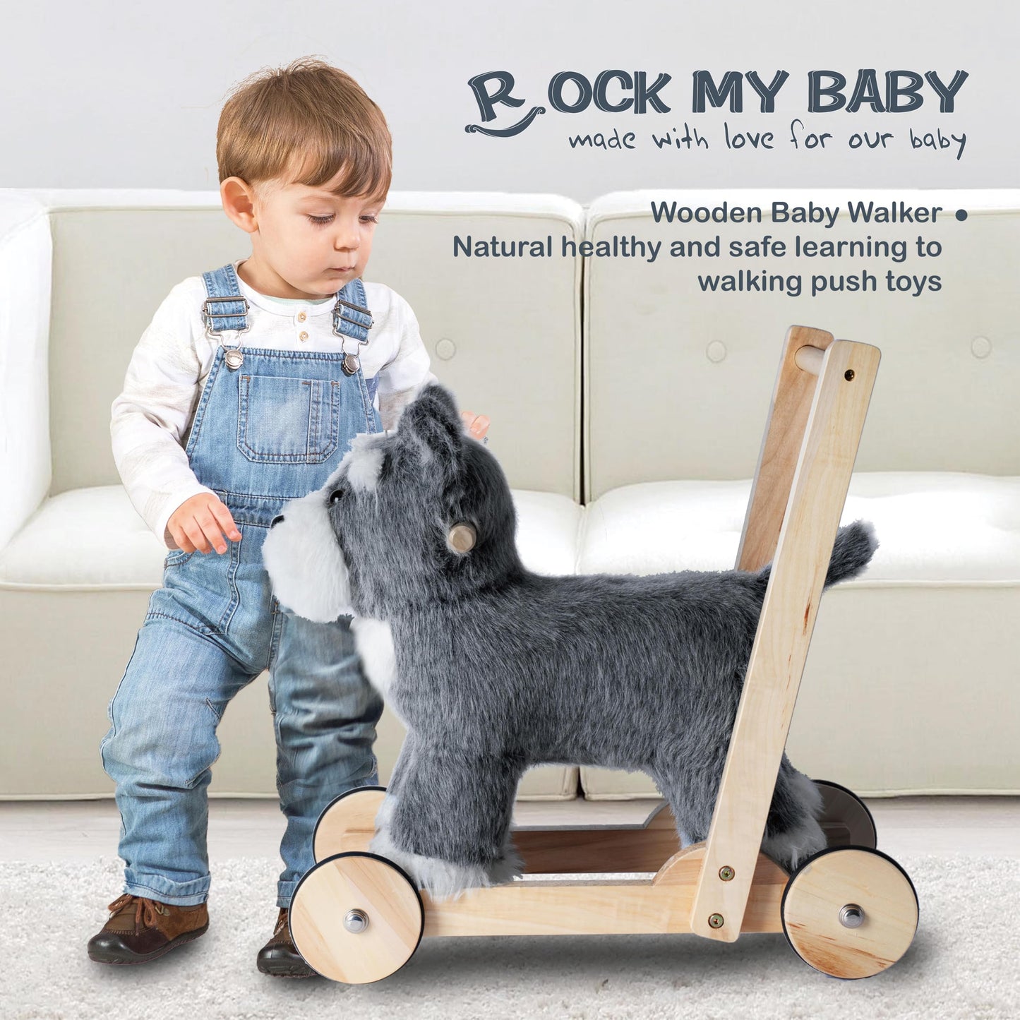 Rock My Baby Wooden Baby Walker, 2-in-1 Baby Push Walker & Ride On Toy for Toddlers 12M+, Learning to Walk Toy with Sweet Music, Soft Cuddly Dog Toy for Boys Girls (Schnauzer Dog) CPC Certified