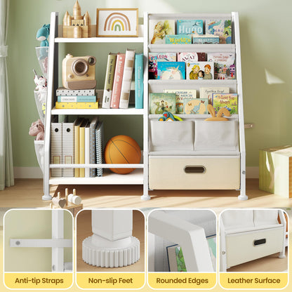 Kids Bookshelf and Toy Storage Organizer: White Book Shelf for Kids Room with Drawer to Storage Books and Toys Organizer - 3 Tire Toddler Bookshelf with 3 Side Pockets for Nursery, Bedroom, Playroom