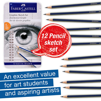 Faber-Castell Graphite Pencils Drawing Set: 12 Art Pencils for Sketching (4H, 3H, 2H, H, F, HB, B, 2B, 3B, 4B, 5B, and 6B), Shading Kit