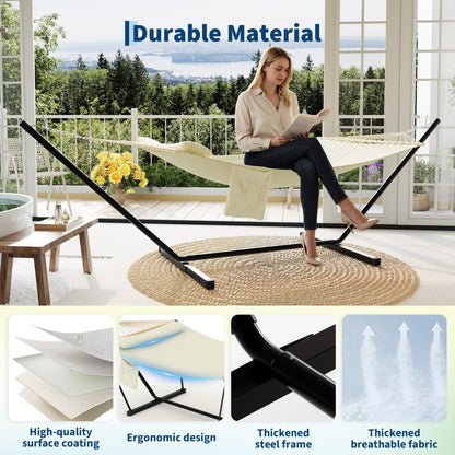 Garvee Double Hammock with Stand for Outdoor, Heavy Duty Portable 2 Person Hammock with Adjustable Steel Stand for Patio, Garden, Beach, Backyard
