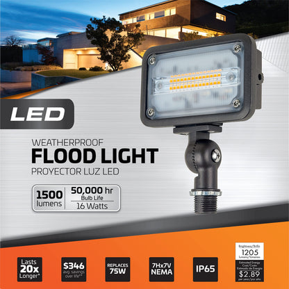 Newhouse Lighting WW15BRZ 16-Watt Outdoor Die-Cast Aluminum LED Wall Wash Flood, Weatherproof Landscape Lighting 1500 Lumens, 3000K Warm White, 120V, 1/2" Knuckle Mount, Bronze