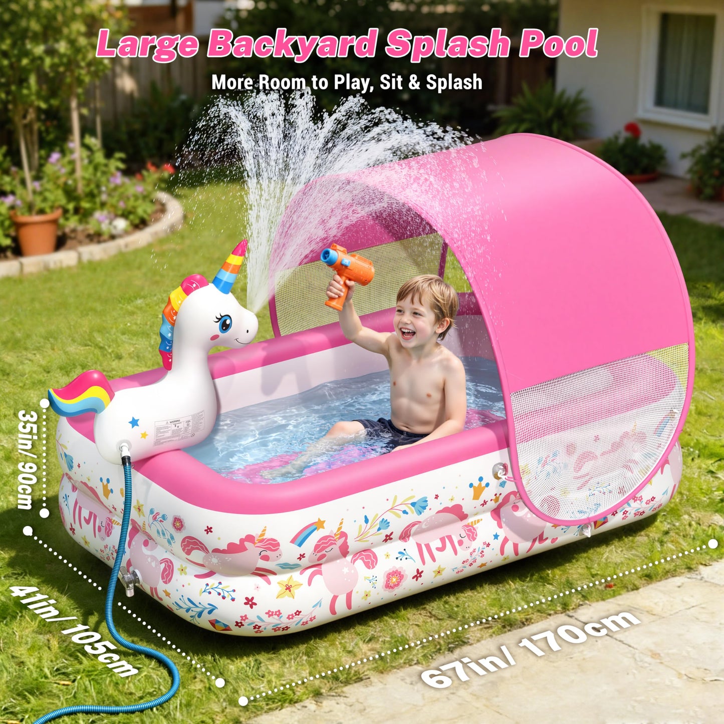 JOSEN Unicorn Kiddie Pool with Canopy and Sprinkler, Inflatable Baby Pool with Soft Cushioned Floor, Portable Toddler Blow Up Pool Ball Pit for Backyard, Outdoor/Indoor Play Toys