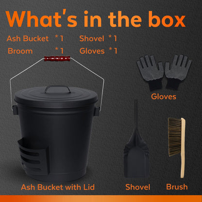 KEFIY 5.2 Gallon Ash Bucket with Lid and Shovel, Metal Fireplace Ash Bucket with Broom, Complete Fireplace Tools Set for Wood Stove and Fireplace