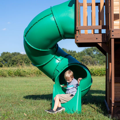 Backyard Discovery Cedar Cove Wood Swing Set with Spiral Tube and Wave Slide, Clubhouse, Toy Grill, Snack Bar, Rock Wall, Belt Swings, Web Swing, Balcony,Chalkboard, Ladder,Outdoor Playset 10 Years