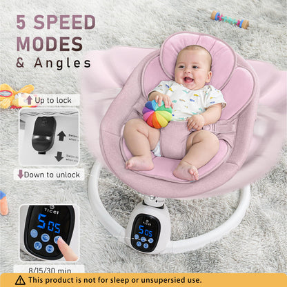 T TICCI Baby Swings for Infants, Smart Portable Baby Swing for Newborn, Bluetooth Infant Swing with Music Speaker, Remote Control Indoor Rocker with 5 Sway Speeds, 0-6 Months, Pink
