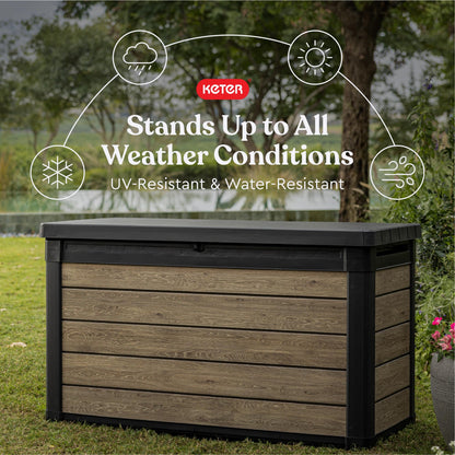 Keter Ashwood 100 Gallon Resin Deck Box Organization and Storage for Patio Furniture Outdoor Cushions, Throw Pillows, Garden Tools and Pool Toys, Brown