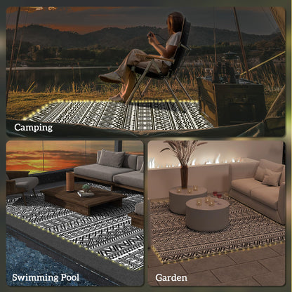 Outsunny Reversible Outdoor Rug Carpet with USB Lights, 12' x 9', Plastic Straw Rug, Patio Mat, Portable RV Camping Mat with Carry Bag