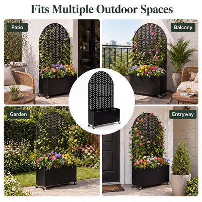 Veemuaro Metal Planter Box with Trellis, 70" H × 46" L Freestanding Outdoor Raised Garden Bed with Privacy Screen, Wheels and Drainage Holes, Arched Privacy Screen Planter Box for Backyard and Garden