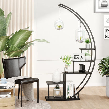 5 Tier Metal Plant Stand Indoor, 67.25“ Tall Half Moon Shape Multiple Stand Holder Shelf Planter Display, Hanging Shelf Flower Stand Ladder for Patio Garden Living Room, Black Set of 2