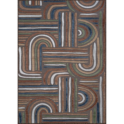 CAMILSON Indoor Outdoor Rug, Brown 9x12 Geometric Arch Striped Large Area Rugs for Patio and Home Areas, Easy-Cleaning Non-Shedding Living Room, Garden and Deck Washable Outside Carpet (9 x 12)