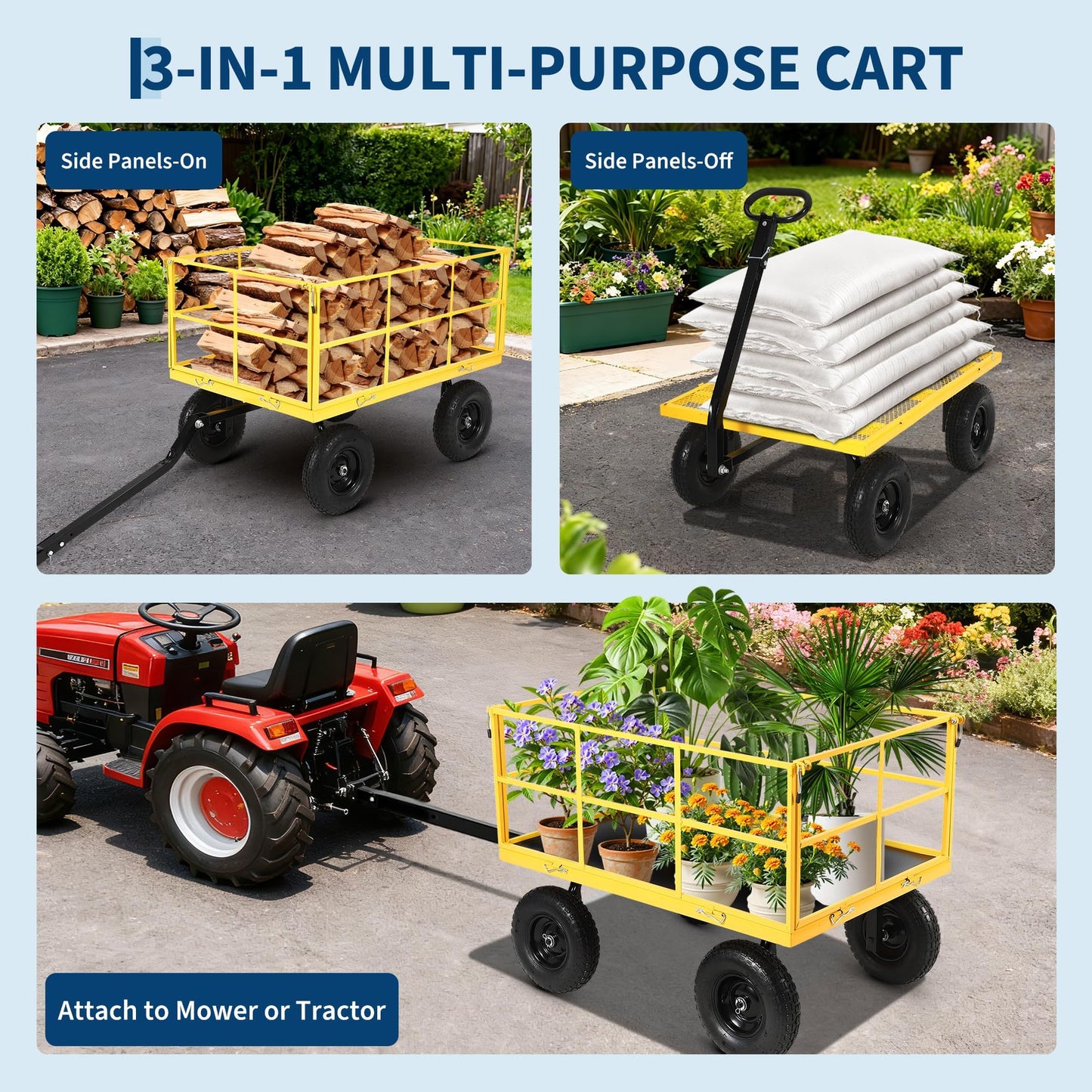 Heavy Duty 1500 Lbs Capacity Mesh Steel Garden Cart Folding Utility Wagon with Removable Sides, Garden Cart on Wheels for Gardening Soil, Tools, and Plant Transport