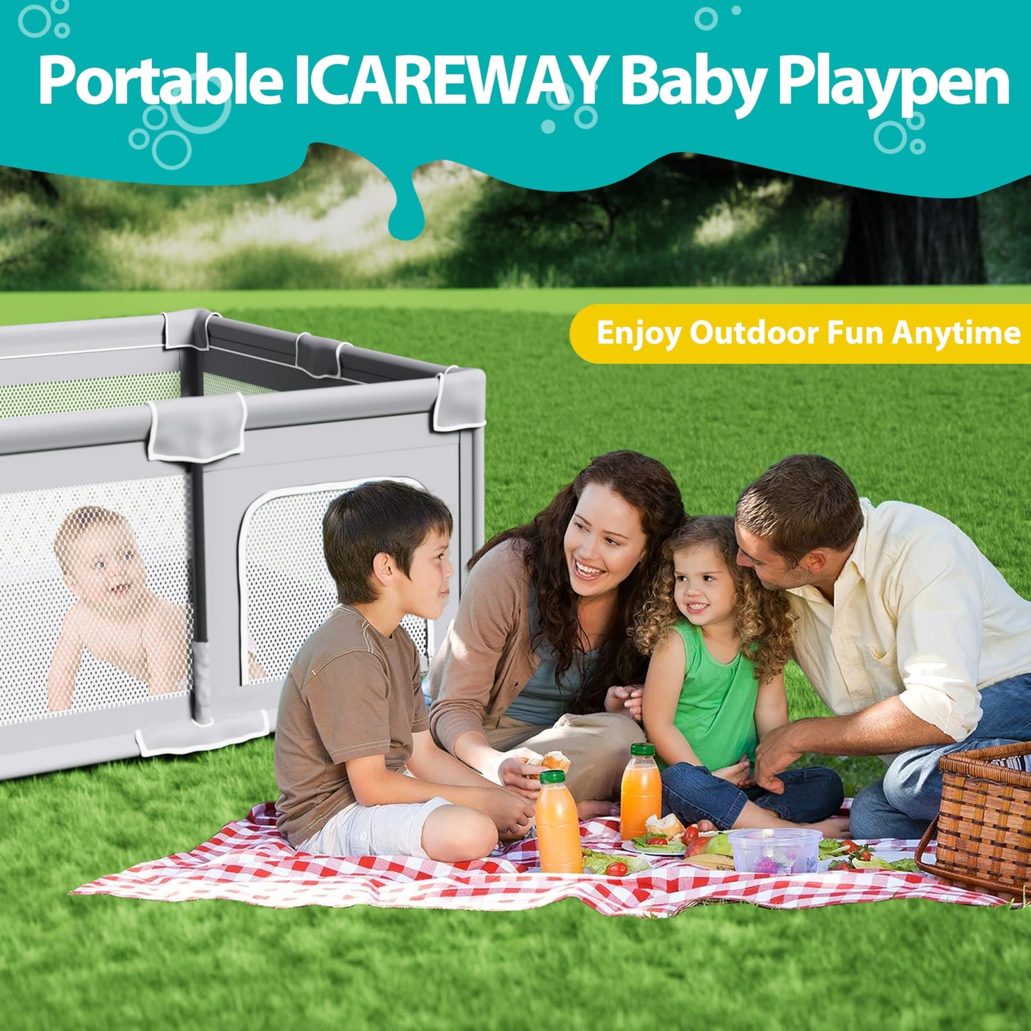 ICAREWAY Foldable Playpen for Babies and Toddlers, 50x50 Inches Portable Playpen, Kids Collapsible Play Pen with 2 Handlers, Indoor & Outdoor Baby Fence Play Area with Visible Mesh, Light Gray