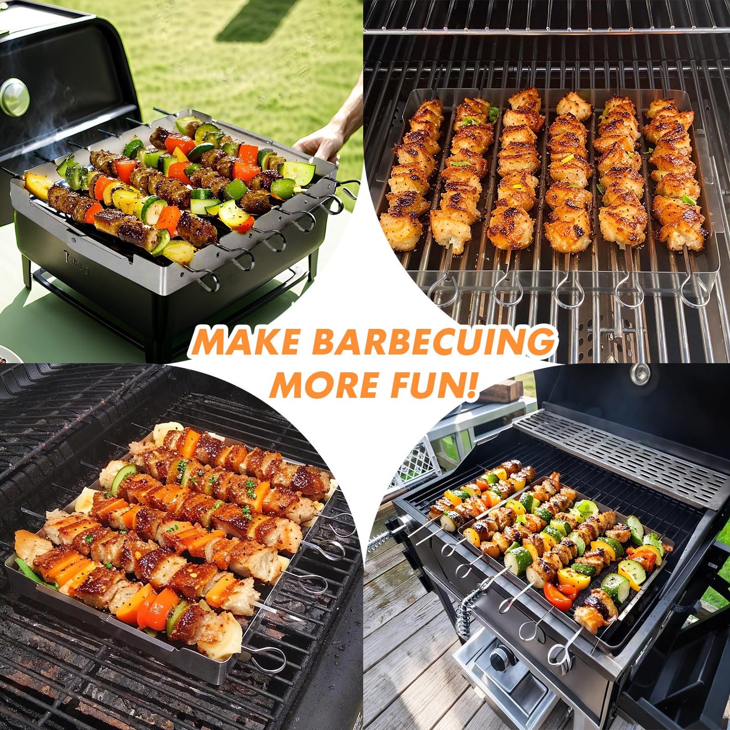Laexepelle Stainless Steel BBQ Shish Kabob Set, Foldable Grill Rack with 6pcs 13"L Reusable Skewers for Ooudoor Indoor Party and Cookout