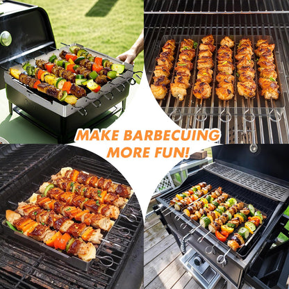 Laexepelle Stainless Steel BBQ Shish Kabob Set, Foldable Grill Rack with 6pcs 13"L Reusable Skewers for Ooudoor Indoor Party and Cookout