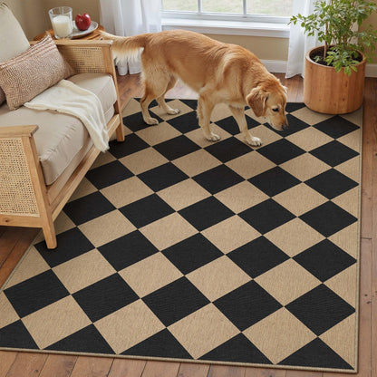 PureCozy 4x6 Checkered Easy Jute Area Rug for Living Room Checkerboard Washable Indoor Outdoor Carpet Farmhouse Patio Office Mat Geometric Non Slip Black Carpet for Dorm Backyard Dining Room