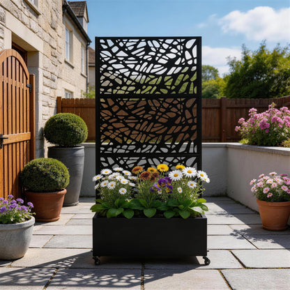 UIXE Metal Planter Box with Trellis, Outdoor Galvanized Raised Garden Bed with Privacy Screen & Drainage Holes, All Weather Lockable Casters Patio Planter for Backyard, Organic Fracture - 71"H x 35"W