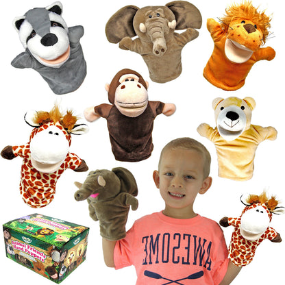 JOYIN 6Pcs Kids Hand Puppet Set with Working Mouth, Toddler Plush Toy Includes Elephant, Giraffe, Lion, Bear, Raccoon and Monkey for Show Theater, Easter Birthday Gifts for Kid