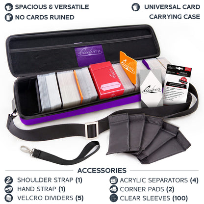 Quiver Time Purple Quiver Card Carrying Case - TCG Cards Deck Box Holder for Trading Cards, MTG Bag Playing Card Case (+Wrist & Shoulder Strap, Dividers, Separators, Corner Pads + 100 Apollo Sleeves)