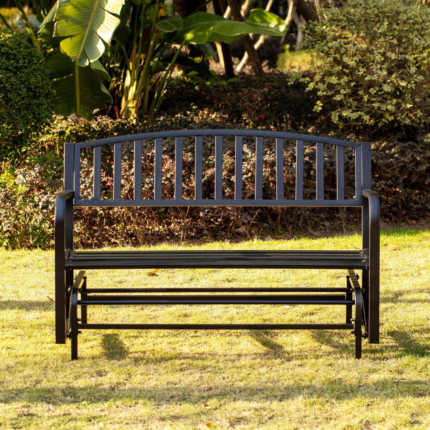 Gardenised QI003392 Outdoor Black Steel Swing, Powder Coated Glider Bench, Loveseat Lawn Rocker Bench for Yard, Patio, Garden and Deck