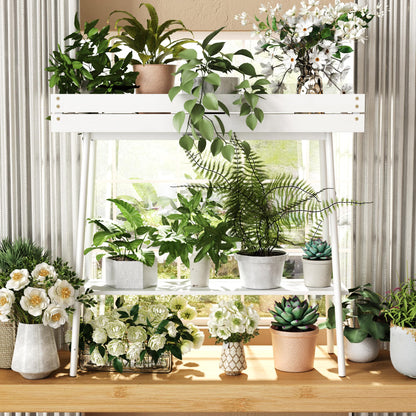 BAMBANG Bamboo Plant Stand Indoor, 2 Tier Small Plant Table, Tall Plant Stand for Indoor Plants, Window Sill Plant Shelf, Flower Pot Holder Plant Bench Plant Rack for Living Room Outdoor, White