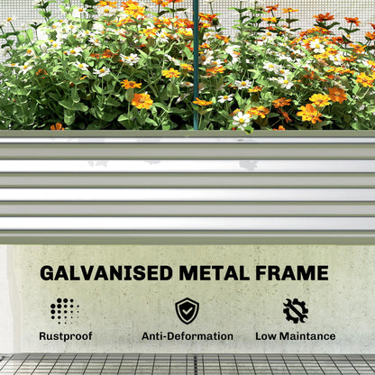 Outsunny Galvanised Raised Garden Bed with Greenhouse Cover, Metal Elevated Garden Bed with Legs, Bed Liner and Bottom Shelf, Outdoor Raised Planter Box for Vegetables, Herbs, Flowers, Silver