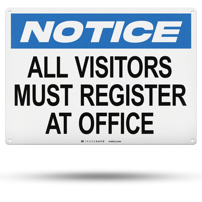 TRADESAFE All Visitors Must Register At Office - Aluminum Safety Sign, Quick Install Signs for Business, Light Reflective, UV-Resistant 14” X 10” Visitor Sign In Metal Signs