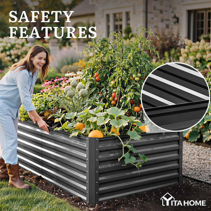 YITAHOME 96x48x24 in Galvanized Raised Garden Bed Kit, Large Metal Planter Box with Gloves, Safety Rubber & Support Rod, Outdoor Flower Bed for Plants Vegetables, Black