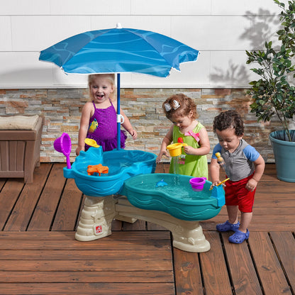 Step 2 Spill & Splash Seaway Water Table for Kids, Two-Tier Outdoor Kids Water Sensory Table with Umbrella, Ages 1.5+ Years Old, 11 Piece Water Toy Accessories
