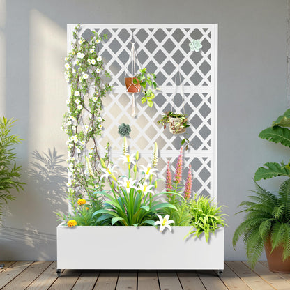 Metal Raised Garden Bed with Trellis and Wheels, 2 in 1 Trellis with Planter Box & Privacy Screen for Climbing Plants, Outdoor Standing Flower Beds with Drainage Holes, 47.2''L×15.7''W×70.9''H, White