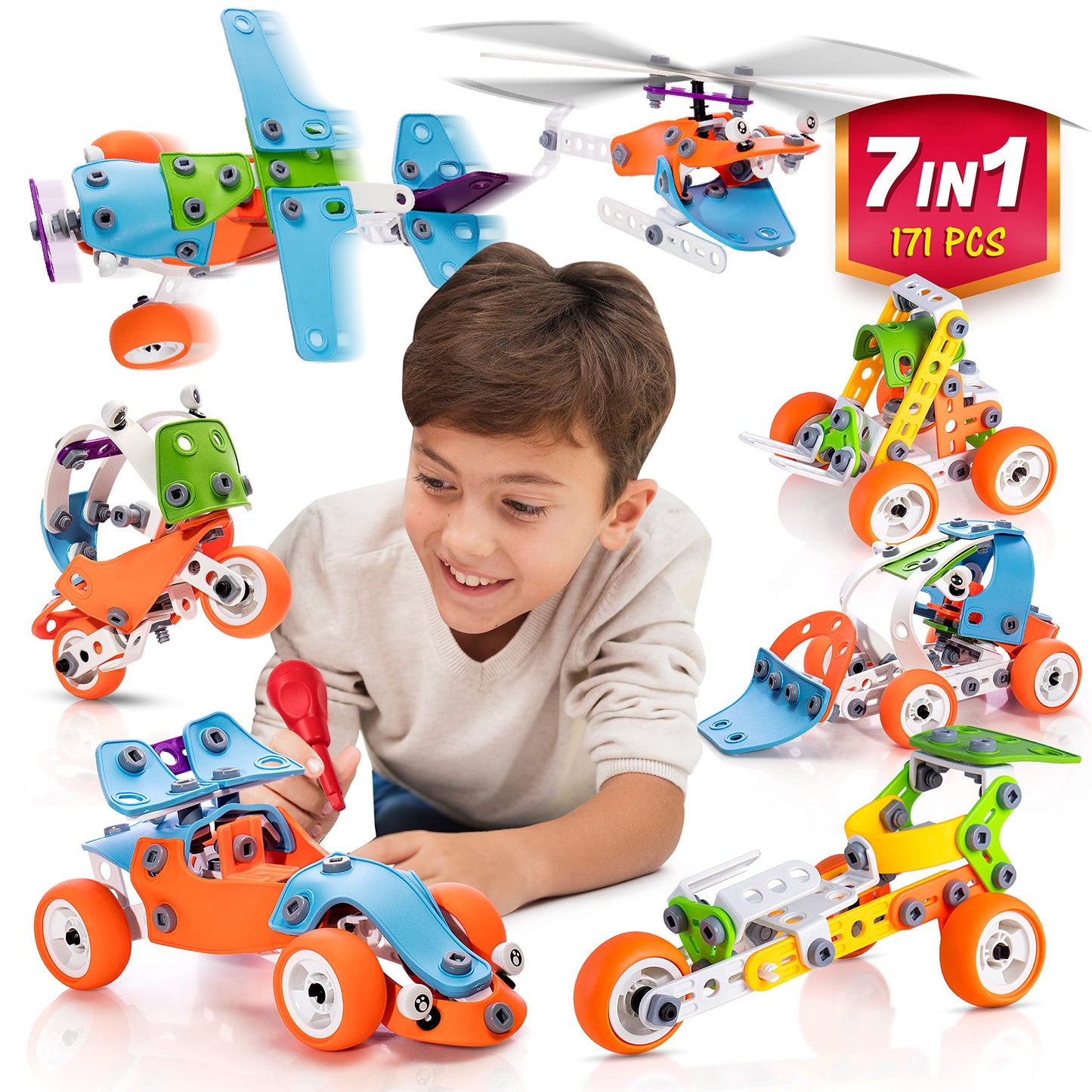 STEM Building Toy for 7-12 Year Old Boys - 7-in-1 Models Kids Love to Build and Play - 171Pcs Construction Set with Engineering Activity Kit - Best Birthday Gift Toy
