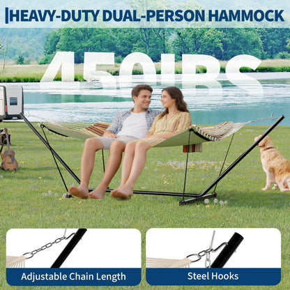 Garvee﻿ 2 Person Hammock with Stand for Outside, Double Hammock with Stand and Pillow, Max 450 Lbs Capacity with Balance Rope, Large Hammock for Outdoor Patio Backyard Poolside