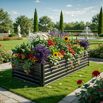 YITAHOME 6x3x2ft Large Raised Garden Bed Kit, Galvanized Metal Planter Box with Gloves, Support Rod, Outdoor Above Ground Planters for Plants, Vegetables, Flowers, Black