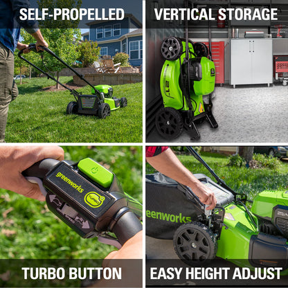 Greenworks 48V (24V x 2) 21" Cordless Battery Self-Propelled Mower & 320 CFM Blower Combo Kit w/ (2) 5.0Ah USB Batteries, (1) 2.0Ah Batter & Chargers