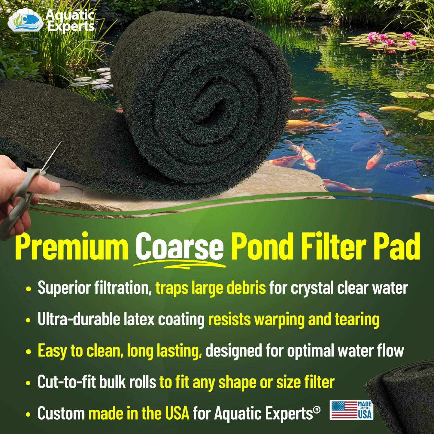 Aquatic Experts Classic Koi Pond Filter Pad COARSE – Black Bulk Roll Pond Filter Media, Rigid Ultra-Durable Latex Coated Fish Pond Filter Material US, (18" x 36")
