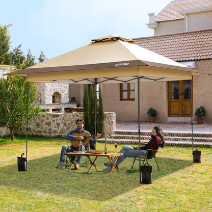 VIVOHOME10x10ft Pop Up Canopy Tent One Push Setup Outdoor Portable Shelter Tent Heavy Duty with Wheel Carry Bag and 4 Sandbags,2 Tiers Roof for Patio Garden Backyard, Beige