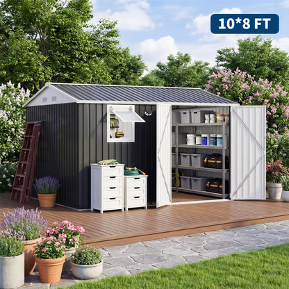10x8FT Outdoor Storage Shed with Pushable Window, Metal Garden Shed with Sloping Roof,Breathable Vent and Lockable Doors, Steel Tool Shed for Patio Garden, Garage, Backyard, Poolside