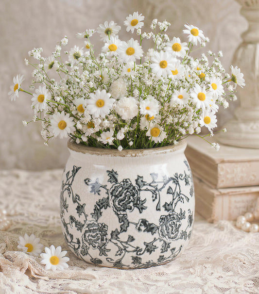 DREAMLOOM Vintage Ceramic Planter for Indoor Plants,6.1" Ice Crack Cottage Scroll Vase Tuscan Decor Flower Pots with Drainage Holes Home Kitchen Farmhouse Antique Decorative Gift (Grey-Round)