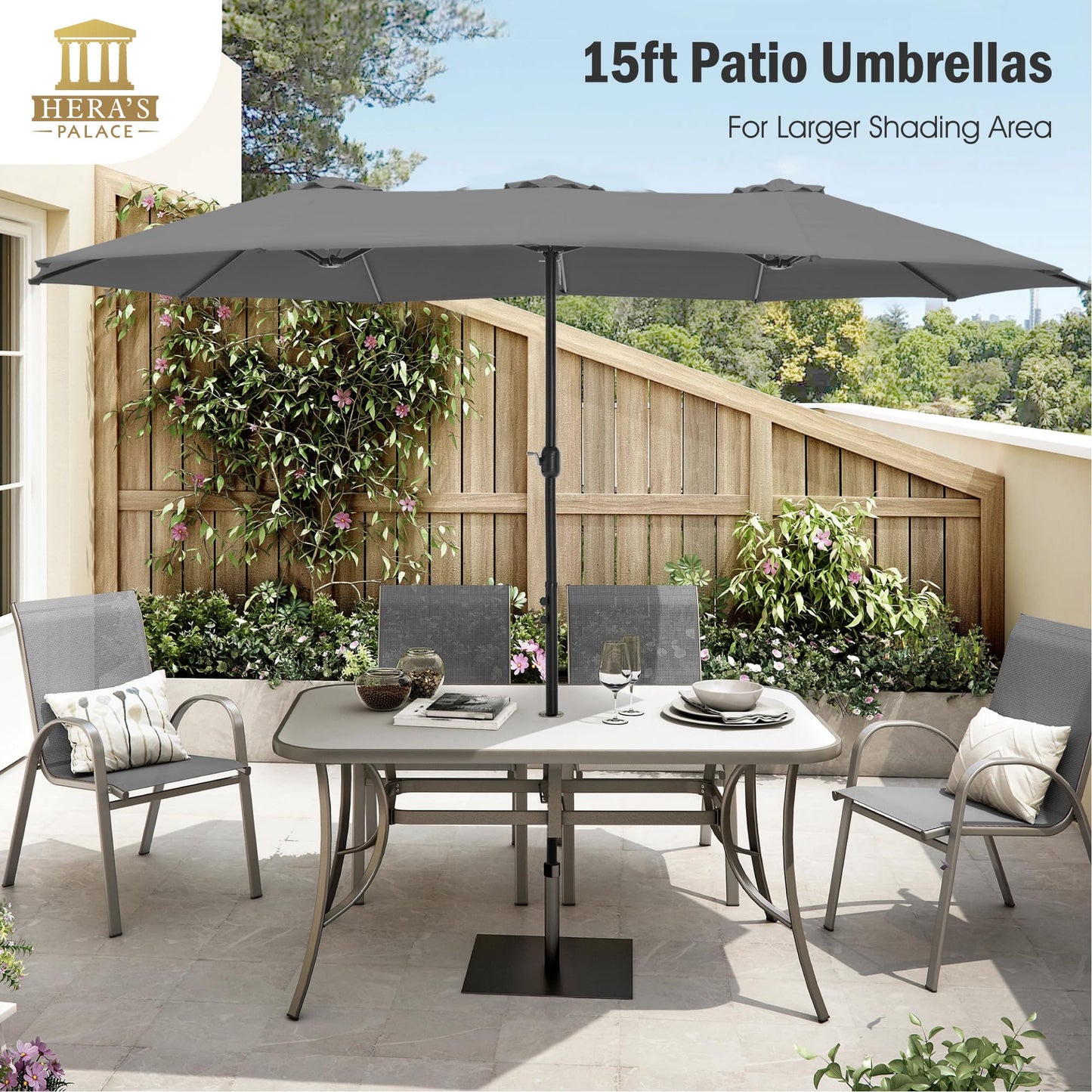 HERA'S PALACE Umbrella Patio Outdoor with Base 15ft Rectangle Table Double Market Heavy Duty Umbrellas Clearance Large Included Stand for Deck Outside Pool Picnic Inground Yard Commercial, Gray