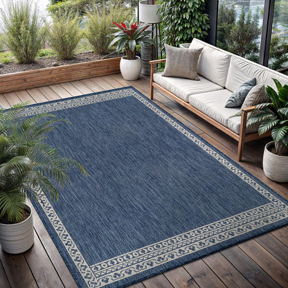 Washable Outdoor Rug 6x9 Modern Area Rugs Outdoor Carpets Bordered Pattern Non Shedding Waterproof Easy Clean Patio Deck Porch Living Room Bedroom Garden RV (6 X 9 Blue)