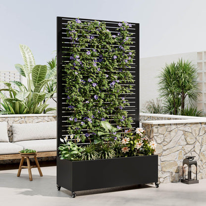 Metal Planter Box with Trellis, 73-Inch Tall Raised Garden Bed with Wheels, Privacy Screen Planter for Climbing Plants, Vegetables & Vines, Galvanized Steel Outdoor Privacy Shield, Black (Square)