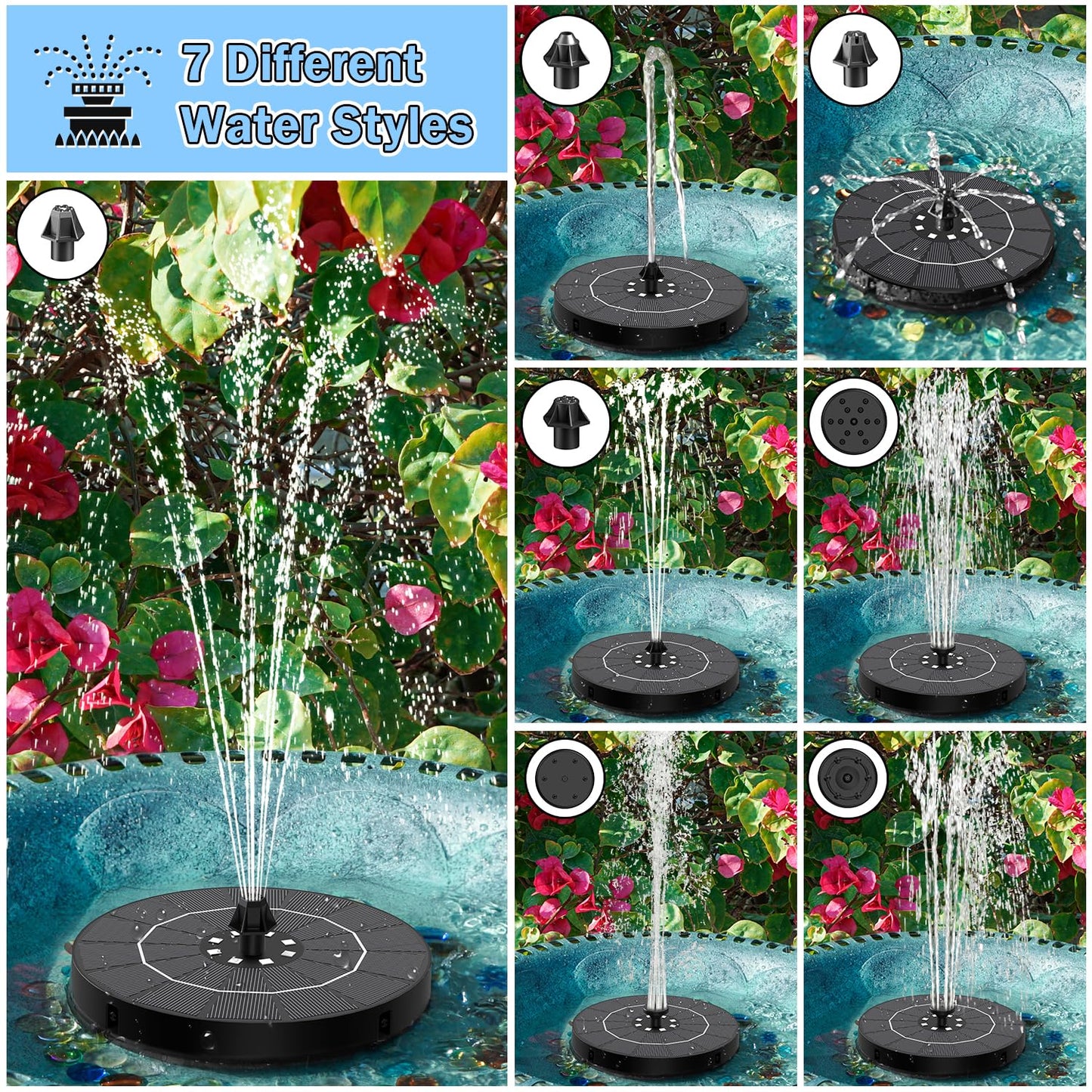 SZMP Solar Water Fountain, 2026 Upgrade 3.5W Solar Bird Bath Fountain Pump with Color LED Lights, 7 Nozzles & 4 Fixed Rods for Garden, Patio, Pond, Pool, Fish Tank, Outdoor Water Feature