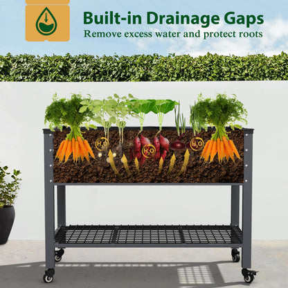 VEIKOU 48 x 24 x 34in Galvanized Steel Raised Garden Bed for Outdoor with Shelf and Casters, Drainage Holes, Steel Planter Box for Gardening Vegetable Flower Herb, 507 lbs Capacity, Gray