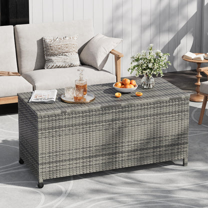 125 Gallon Large Deck Box Waterproof PE Rattan Outdoor Storage Box with Handles and Wheels, Storage Bin for Garden, Balcony, Porch, Pool, Yard