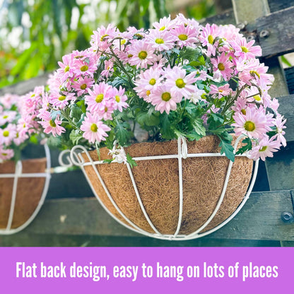 Shoplala Wall Planters Outdoor Plants (2 Pack, 10 Inch) White Metal Wall Mounted Flower Basket with Coco Liner, Balcony Planters Railing Hanging Fence Planter Wire Deck Porch Patio Modern Garden Decor
