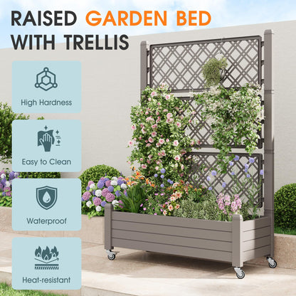 WTFGO Resin Raised Garden Bed with Trellis and Wheels - Plasitc Planter Box with Trellis Outdoor with Drainage Holes & Water Monitor for Climbing Plants, Flower, Gray(61.2" H)