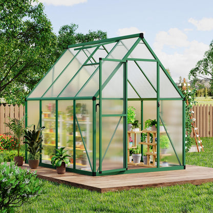 CABIHOME 6x7 FT Outdoor Greenhouse, Polycarbonate Greenhouse with Roof Vent and Ground Nails, Aluminum Large Walk-in Green House w/ Lockable Push Door for Outside Garden Backyard (Green, 6x7 FT)